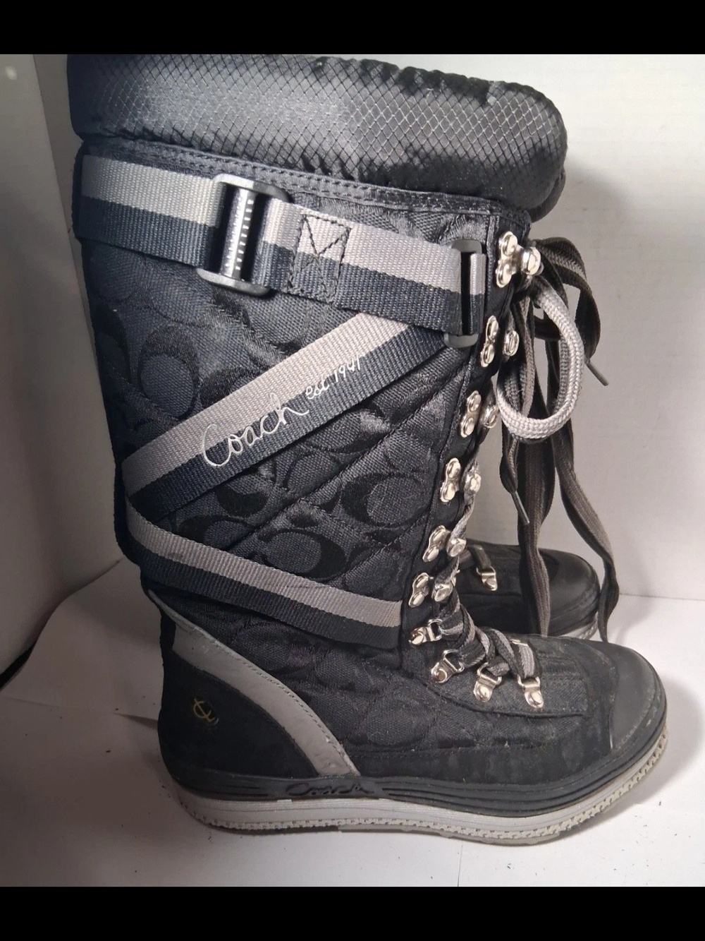 Coach Black Quilted Lace-Up Winter Snow Boots with Gray Accents